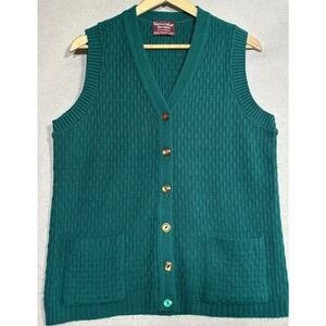 Vtg Mademoiselle Knitwear Teal Ribbed Button Front Vest Pockets Size S M READ